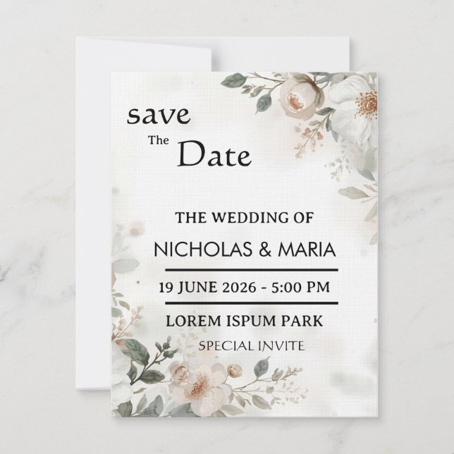 Elegant  White Flora Watercolor Wedding Invitation Einladung (Vorderseite)