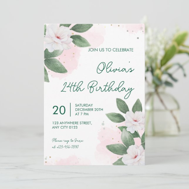 Elegant White Floral 24th Birthday Invitation (Debout devant)
