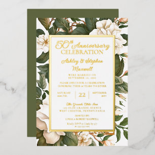 Elegant White Floral 50th Wedding Anniversary Folieneinladung