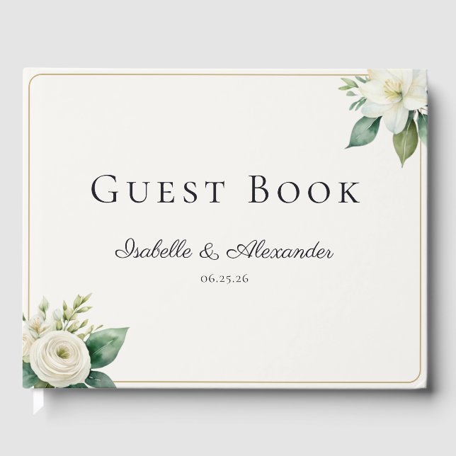 Elegant White Floral and Greenery Custom Wedding Gästebuch (Vorderseite)