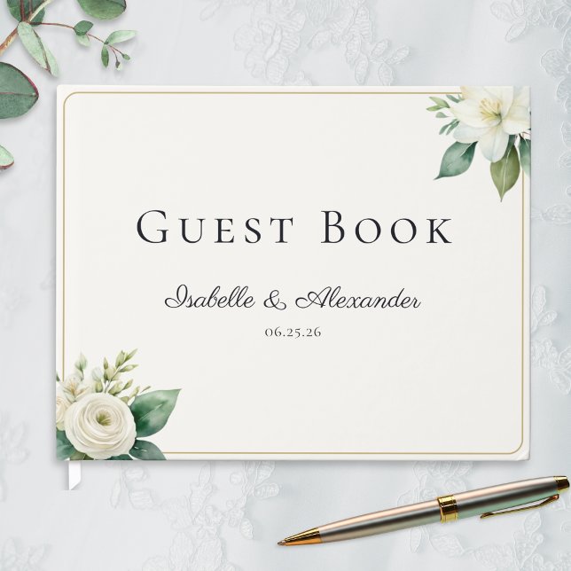 Elegant White Floral and Greenery Custom Wedding Gästebuch (An elegant wedding guest book with custom names and date, with white floral motifs and greenery)