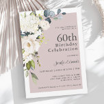 Elegant White Floral auf Mauve 60. Geburtstag Einladung<br><div class="desc">Mit einem beliebten Farbschema präsentiert sich diese feminine 60. Geburtstagsfeier mit einem Eckbouquet mit weißen Aquarellblumen und einer hinterrückenden Eukalyptus-Vegetation auf mauvisch-rosa-lila Hintergrund. Die Blume beinhalten Rose, Hydrangeas und passende Mischflorale für einen schönen Effekt. Die Textpaare, die in diesem Design verwendet werden, bieten eine Kombination aus beliebten Serif-Schriftart. Der gesamte...</div>