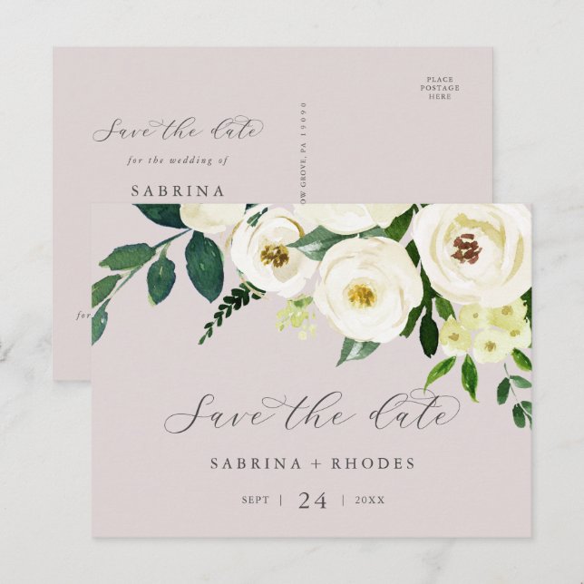 Elegant White Floral | Blush Mauve Save the Date Einladungspostkarte (Vorne/Hinten)