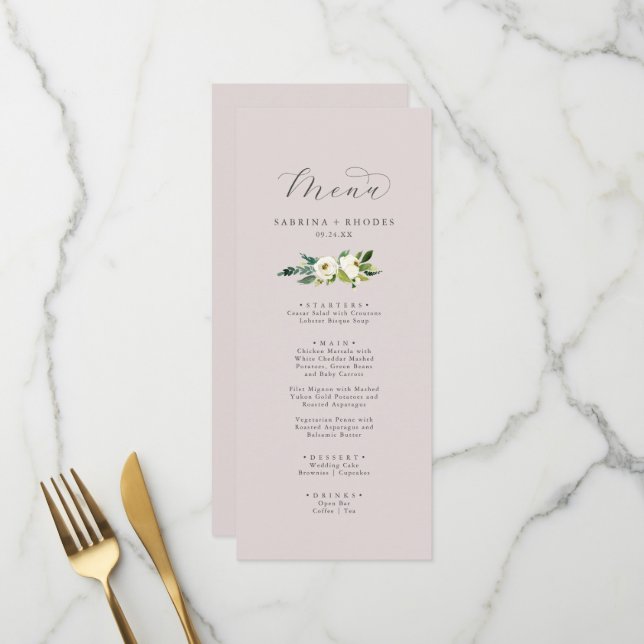 Elegant White Floral | Blush Mauve Wedding Dinner Menükarte (Vorderseite/Rückseite Beispiel)