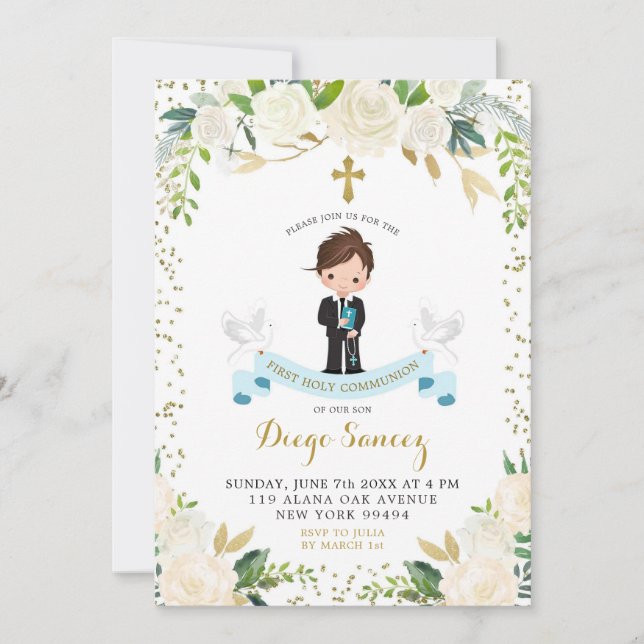 Elegant White Floral Boy First Heilige Kommunion Einladung (Vorderseite)
