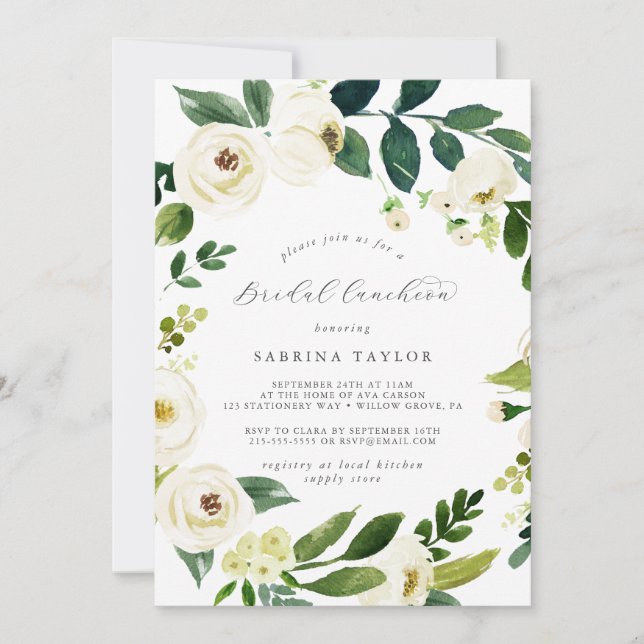 Elegant White Floral Bridal Luncheon Einladung (Vorderseite)