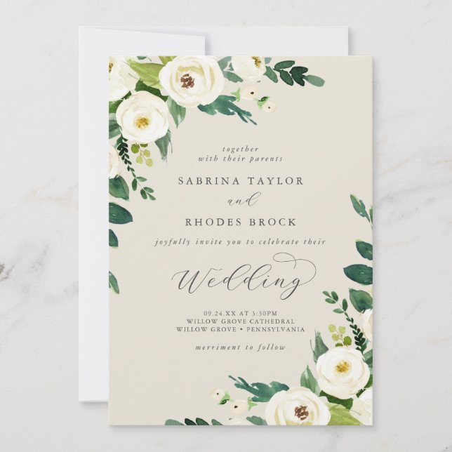 Elegant White Floral | ChampagnerWedding Einladung (Vorderseite)