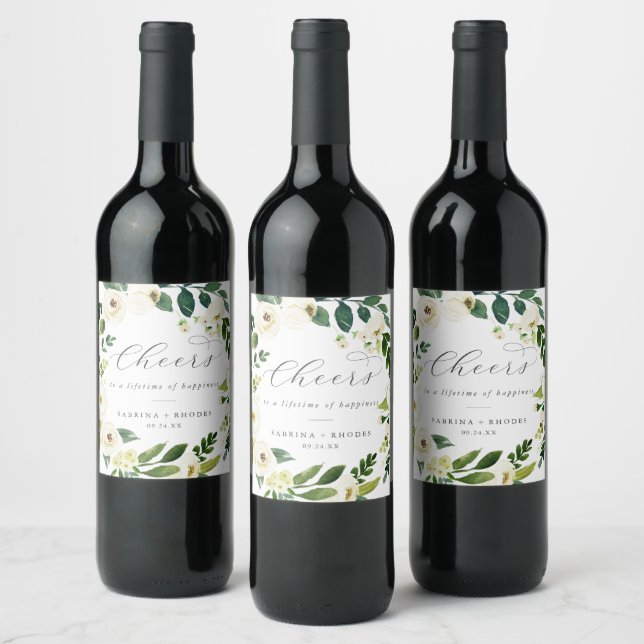 Elegant White Floral Cheers Wedding Wine Labels Weinetikett (Flaschen)