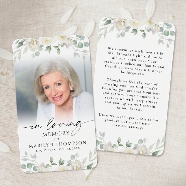 Elegant White Floral Cross Photo Prayer Card (Von Creator hochgeladen)