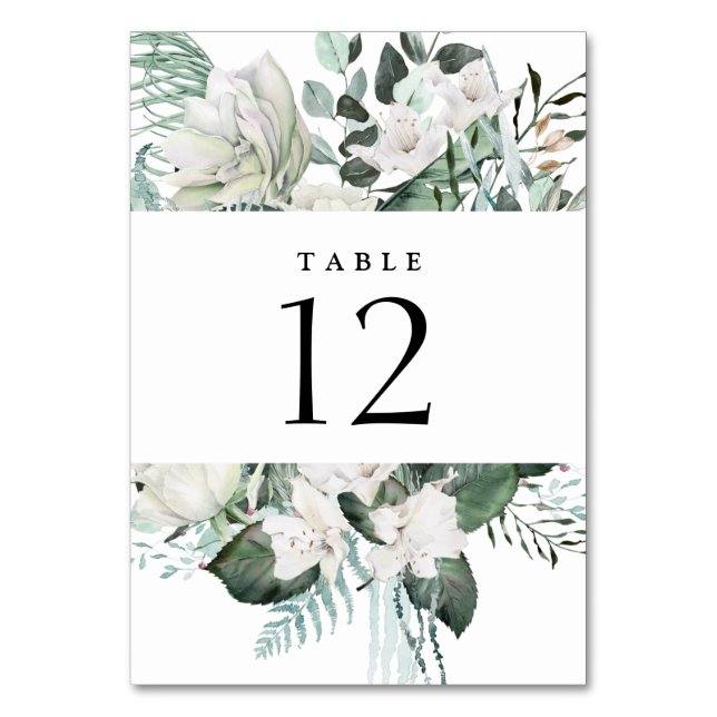 Elegant White Floral Eukalyptus Greenerity Wedding Tischnummer (Vorderseite)