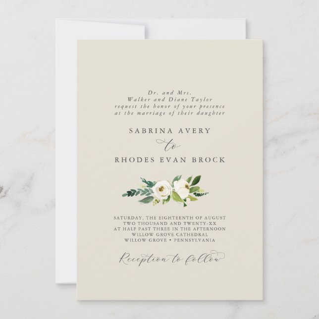 Elegant White Floral | Feierliche Hochzeit mit Cha Einladung (Vorderseite)