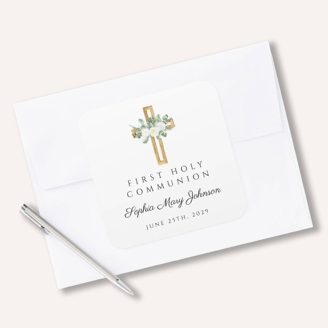 Elegant White Floral First Communion Quadratischer Aufkleber (Elegant White Floral First Communion Square Sticker)