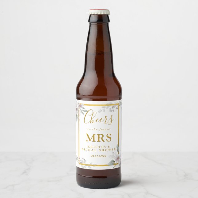 Elegant white Floral Future Mrs. Brautparty Bierflaschenetikett (Vorderseite)
