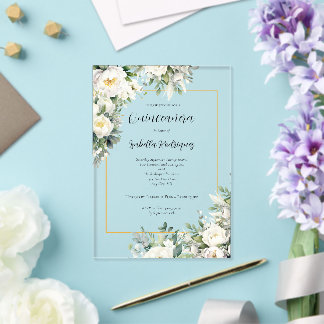 Elegant White Floral Gold Border Quinceñera Acryleinladungen