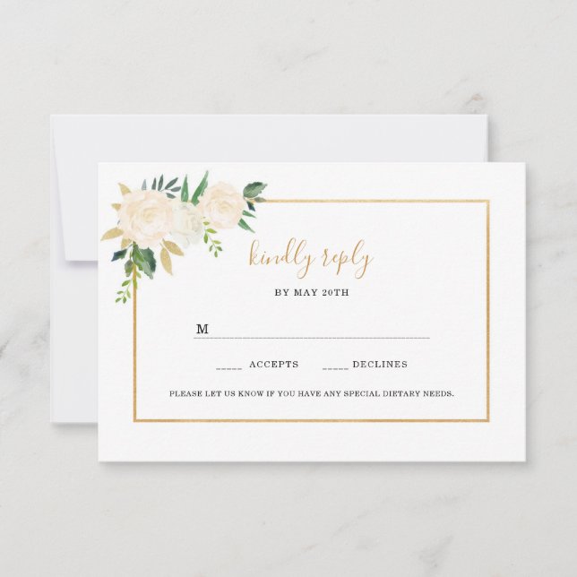 Elegant White Floral Gold Hochzeit rsvp (Vorderseite)