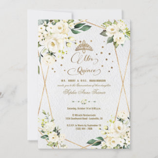 Elegant White Floral Gold Mis Quince Quinceañera Einladung