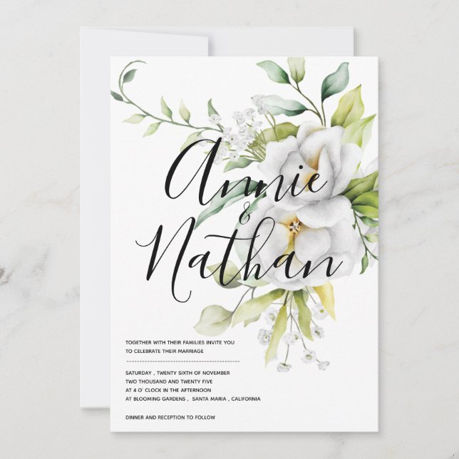 Elegant White Floral Green Blätter Skript Hochzeit Einladung (Vorderseite)