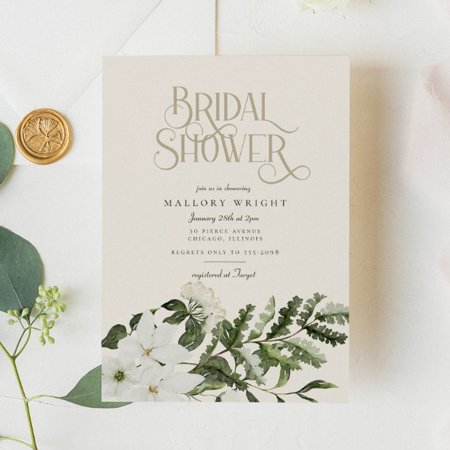 Elegant White Floral Greenery Bridal Shower Einladung (Von Creator hochgeladen)