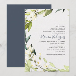 Elegant White Floral Greenery Wreath Quinceañera Einladung