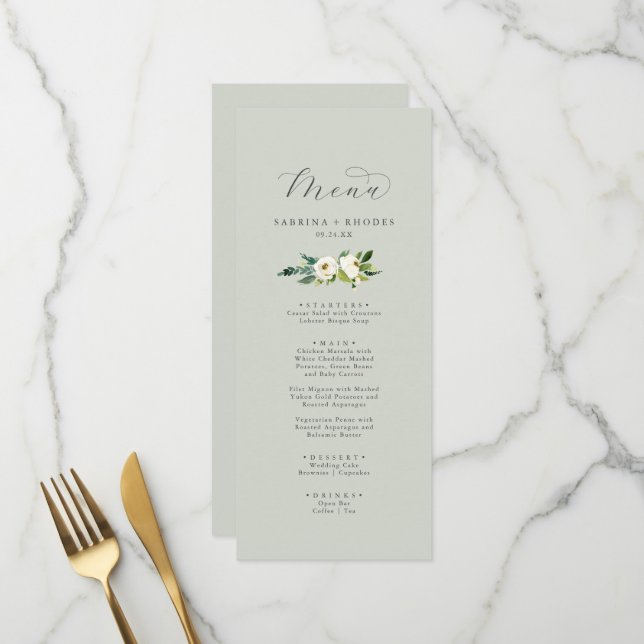 Elegant White Floral | Hochzeitsessen im Gepäck Menükarte (Vorderseite/Rückseite Beispiel)