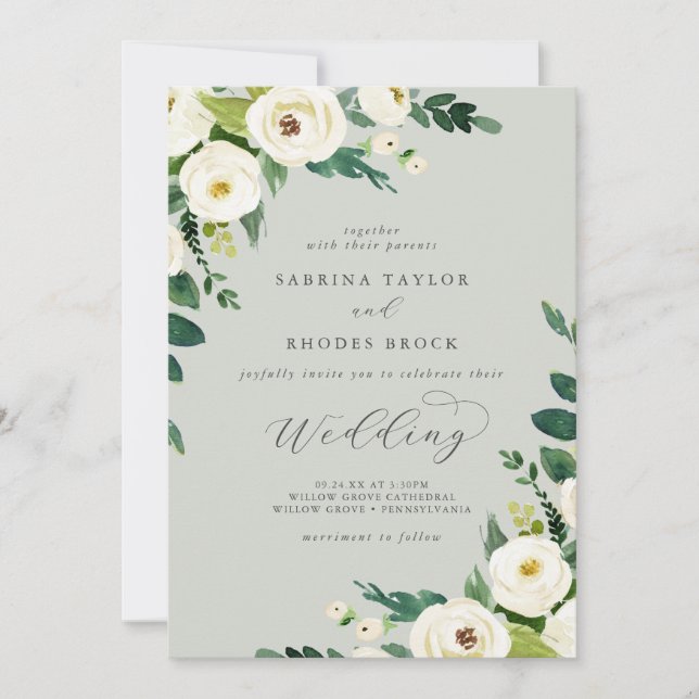 Elegant White Floral | Hochzeitsfeier für die Münz Einladung (Vorderseite)