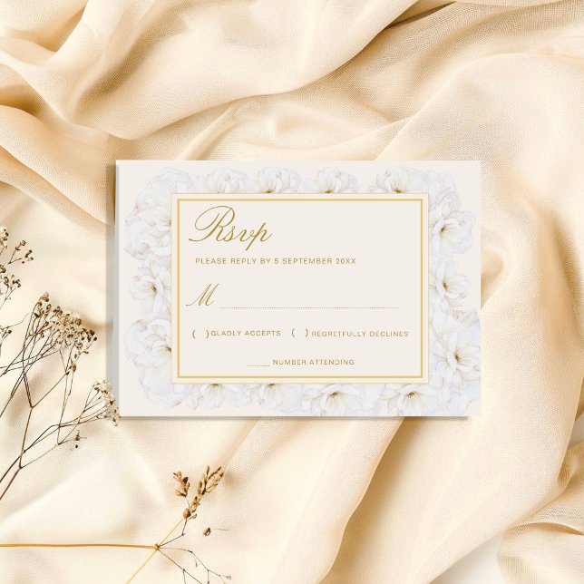 Elegant White Floral Ivory Gold Border RSVP Karte (Von Creator hochgeladen)