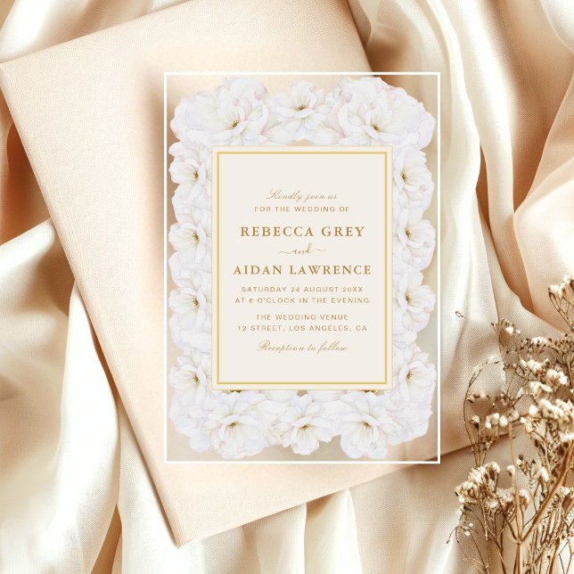 Elegant White Floral Ivory Gold Border Wedding Acryleinladungen (Von Creator hochgeladen)