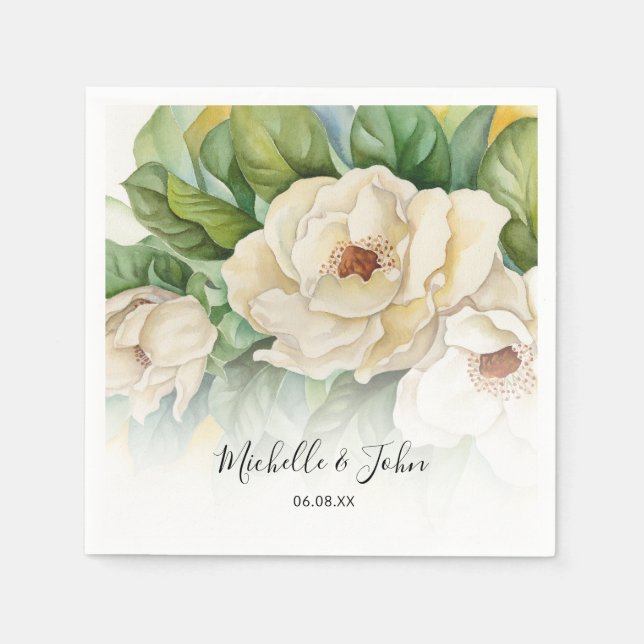 Elegant White Floral Magnolia Name Script Hochzeit Serviette (Vorderseite)