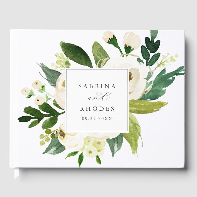 Elegant White Floral Monogram Wedding Guest Book Gästebuch (Vorderseite)