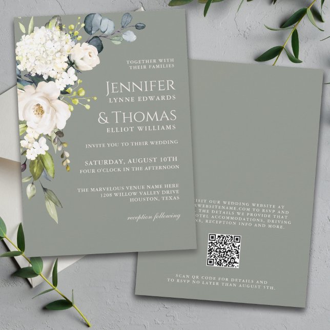 Elegant White Floral on Sage Green Wedding Einladung (Von Creator hochgeladen)