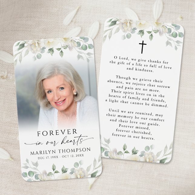 Elegant White Floral Photo Cross Prayer Card (Créateur téléchargé)