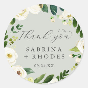 Elegant White Floral Sage Mint Vielen Dank Runder Aufkleber