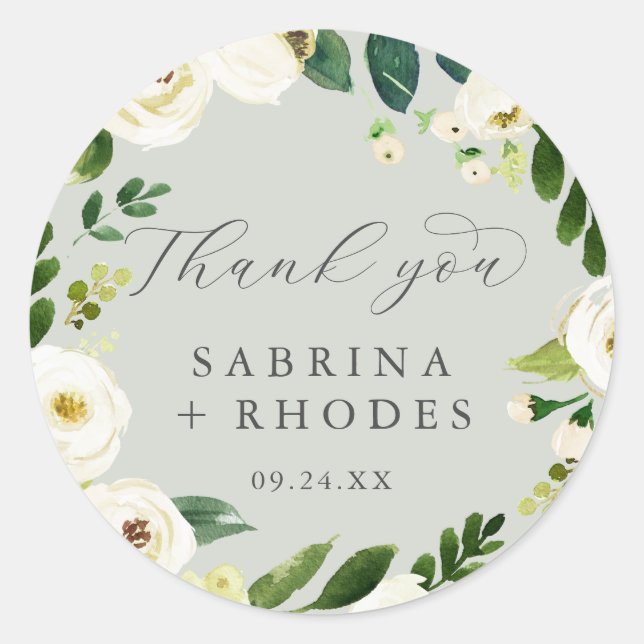 Elegant White Floral | Sage Mint Vielen Dank Runder Aufkleber (Vorderseite)