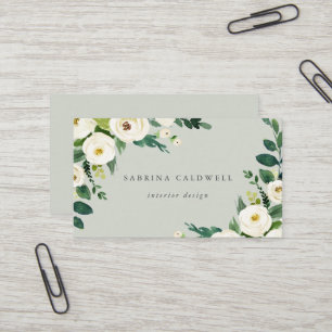 Elegant White Floral Sage Minze Business Card Visitenkarte
