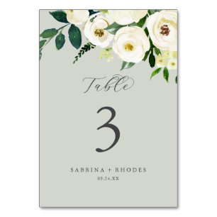 Elegant White Floral   Sage Minze Tischnummer