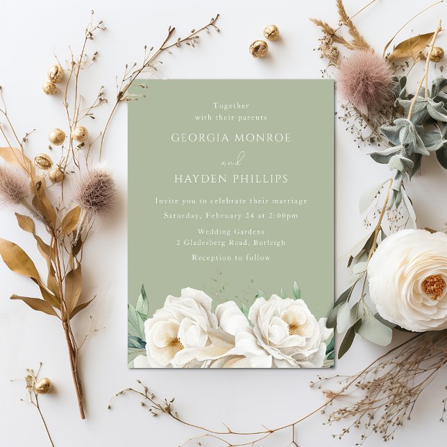 Elegant White Floral Sage Wedding Invitation Einladung (Von Creator hochgeladen)