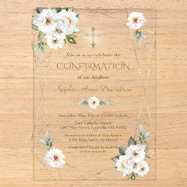 Elegant White Flowers Gold Cross Confirmation Acryleinladungen