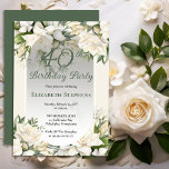 Elegant White Gardenia Floral 40th Birthday Party Einladung<br><div class="desc">Celebrate a milestone birthday with timeless elegance. This sophisticated 40th birthday party invitation features a soft botanical frame of white gardenia and lily florals and delicate greenery surrounding a refined sage green background. The graceful oval frame and classic typography create a polished, upscale look perfect for a stylish birthday celebration....</div>