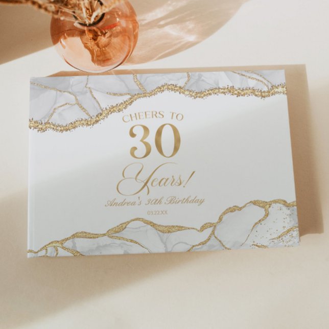 Elegant White Gold Agate 30th Birthday Party Gästebuch (Von Creator hochgeladen)
