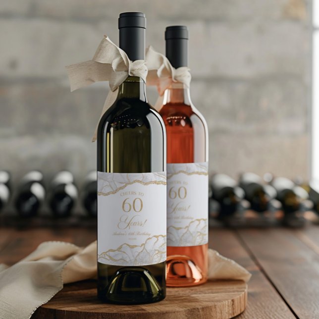 Elegant White Gold Agate 60th Birthday Party Weinetikett (Von Creator hochgeladen)