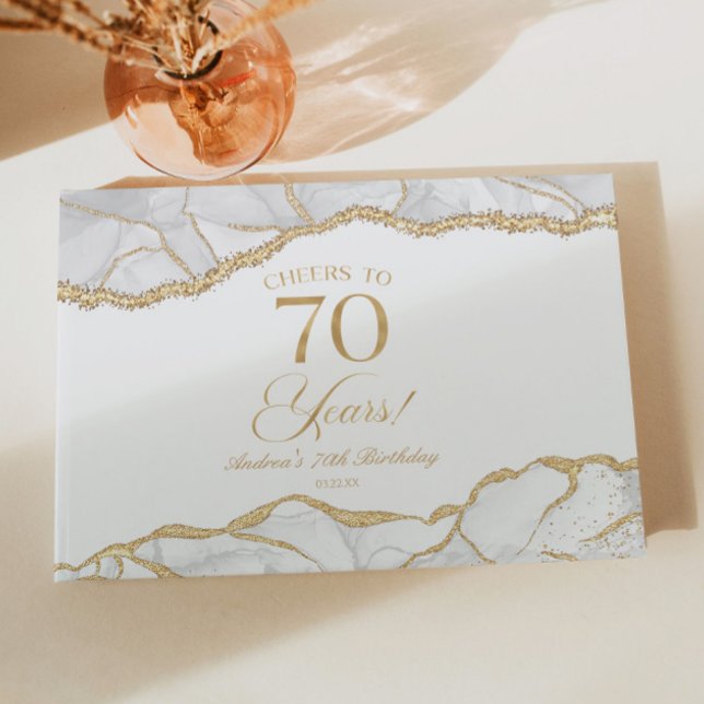 Elegant White Gold Agate 70th Birthday Party Gästebuch (Von Creator hochgeladen)