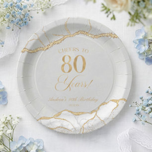 Elegant White Gold Agate 80. Geburtstagsparty Pappteller
