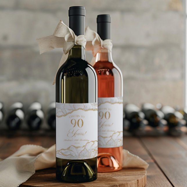 Elegant White Gold Agate 90th Birthday Party Weinetikett (Von Creator hochgeladen)