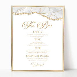 Elegant White Gold Agate Party Bar Menu Sign Poster