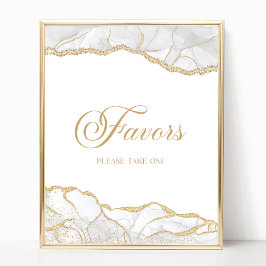 Elegant White Gold Agate Party Favors Sign Poster