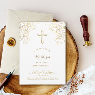 Elégant White Gold Cross Baptism Invitation