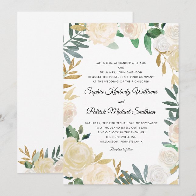 Elegant White Gold Floral | alle Eltern, die Einladung (Vorne/Hinten)