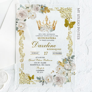 Elegant White Gold Ivory Crown Quinceanera Acryleinladungen