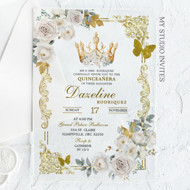 Elegant White Gold Ivory Crown Quinceanera Acryleinladungen (Von Creator hochgeladen)
