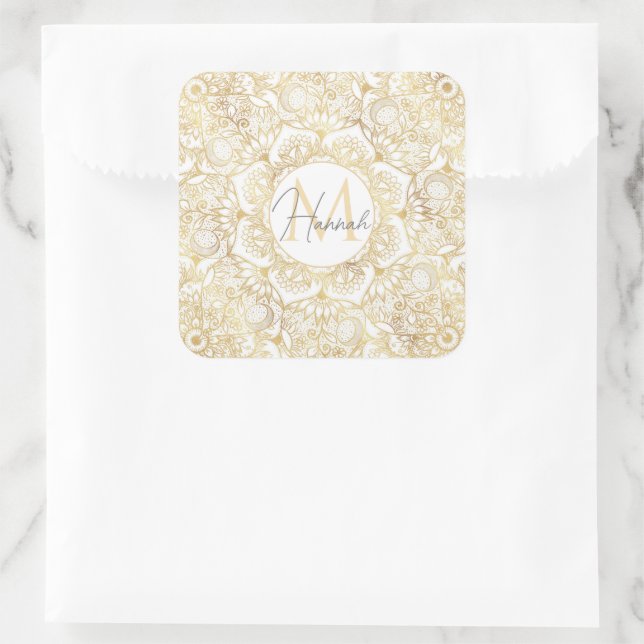 Elegant White Gold Mandala Floral Quadratischer Aufkleber (Tasche)